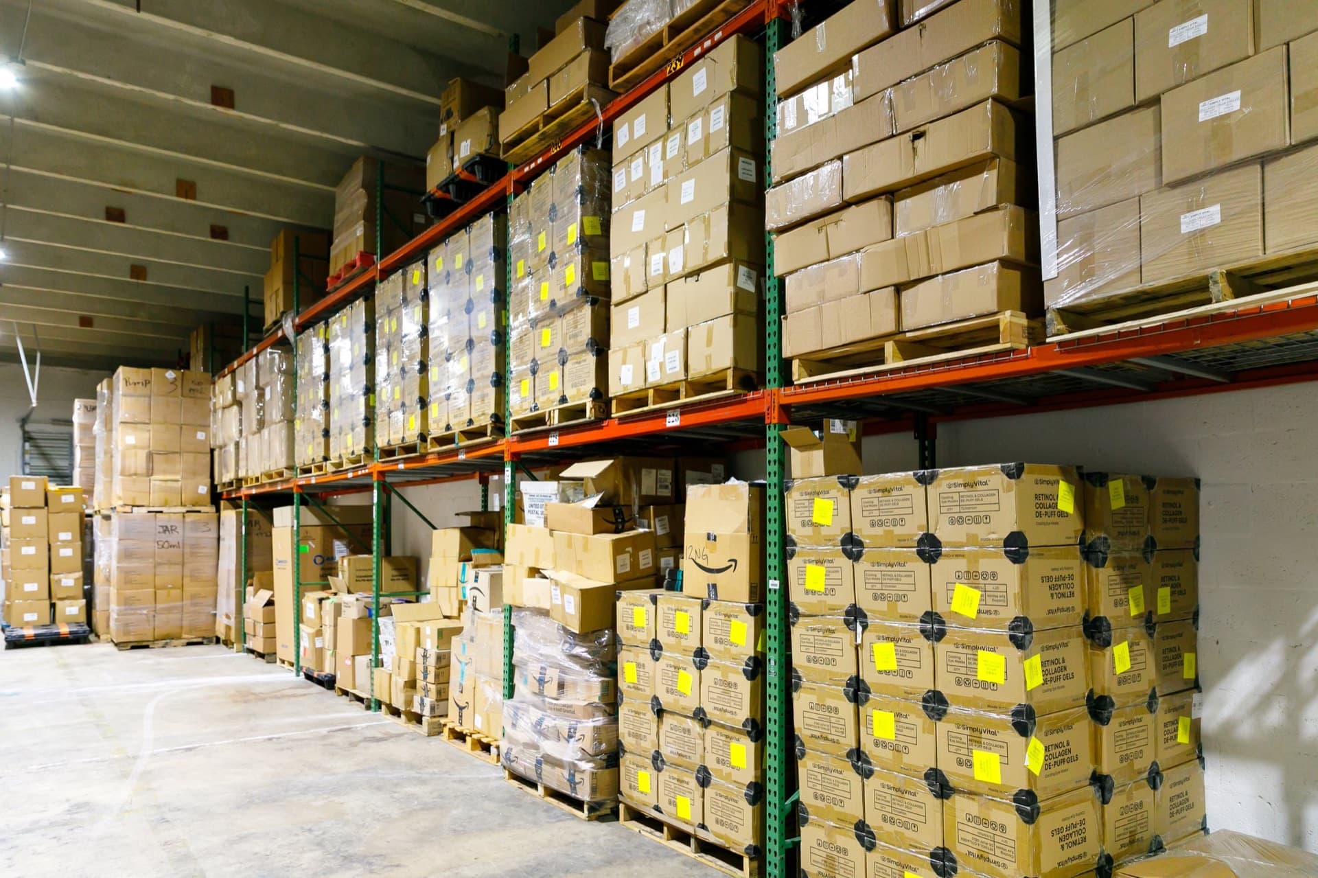 A SunPort storage aisle stacked with WMS-tracked inventory