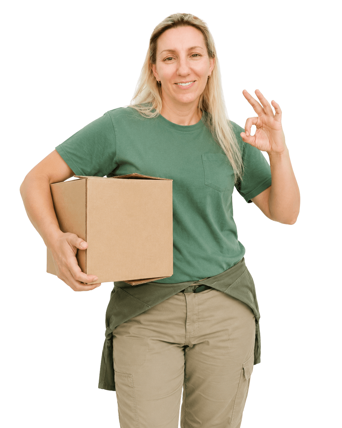 A SunPort team member holding a packed box and giving an OK sign